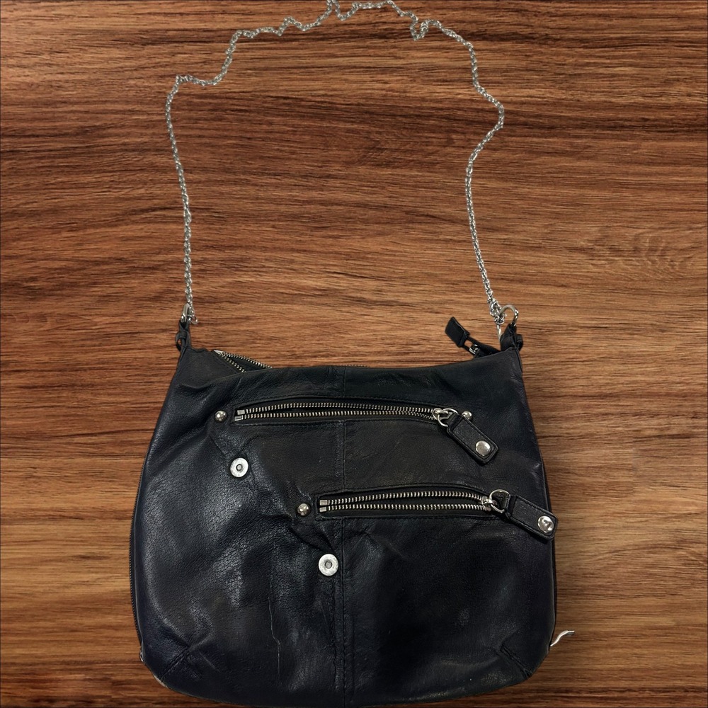 Gun‎ Tote'n Mama Black Leather Crossbody Bag Chain Strap Double Zipper Purse